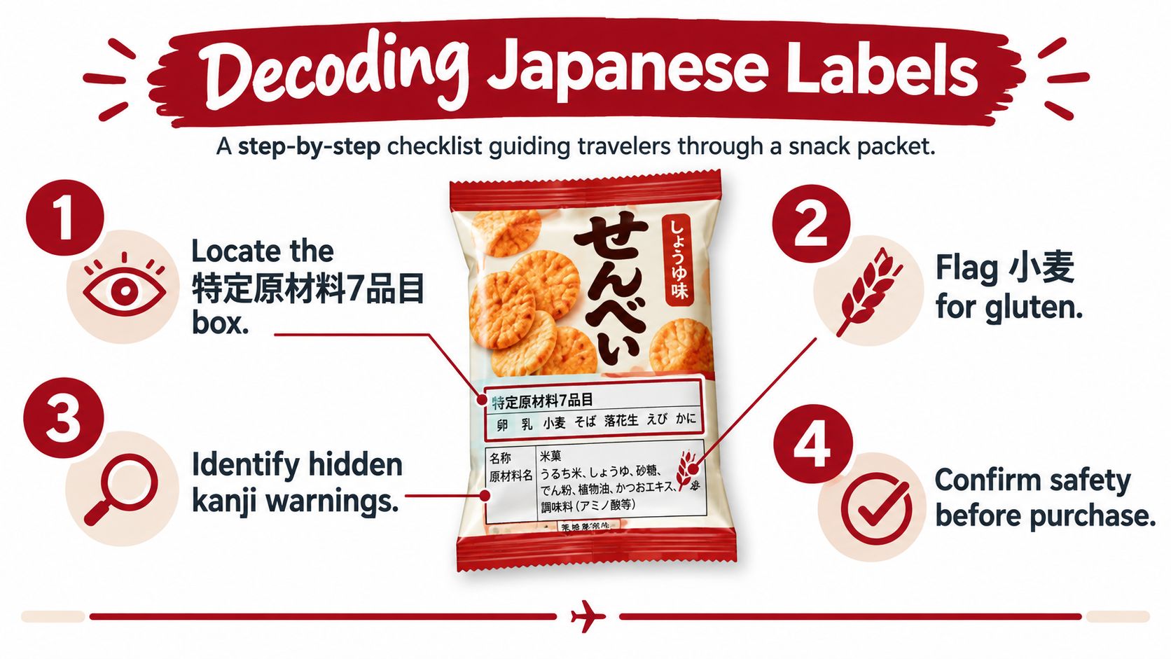 A guide showing how to identify common allergens on Japanese food labels for travelers with dietary restrictions.