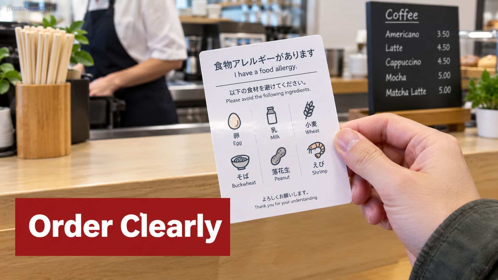 A hand holds a food allergy card in a cafe, listing ingredients to avoid for diners.