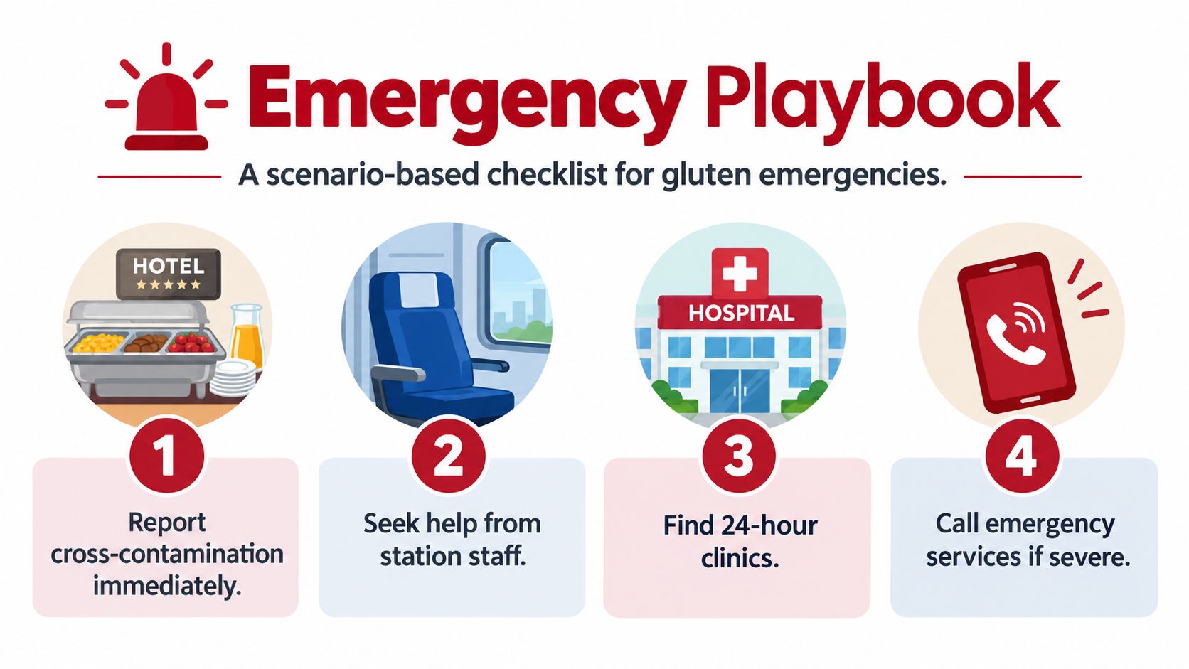 An infographic titled Emergency Playbook showing a four-step checklist for managing gluten emergencies while traveling.