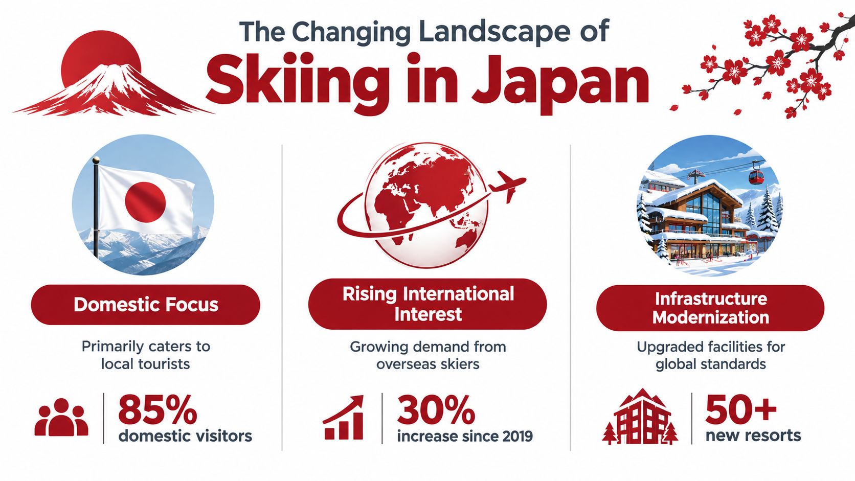 An infographic showing the changing landscape of the ski industry in Japan with key statistics.