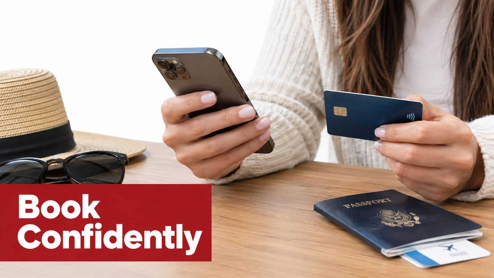 A woman preparing for a trip by booking travel arrangements using her smartphone and credit card.