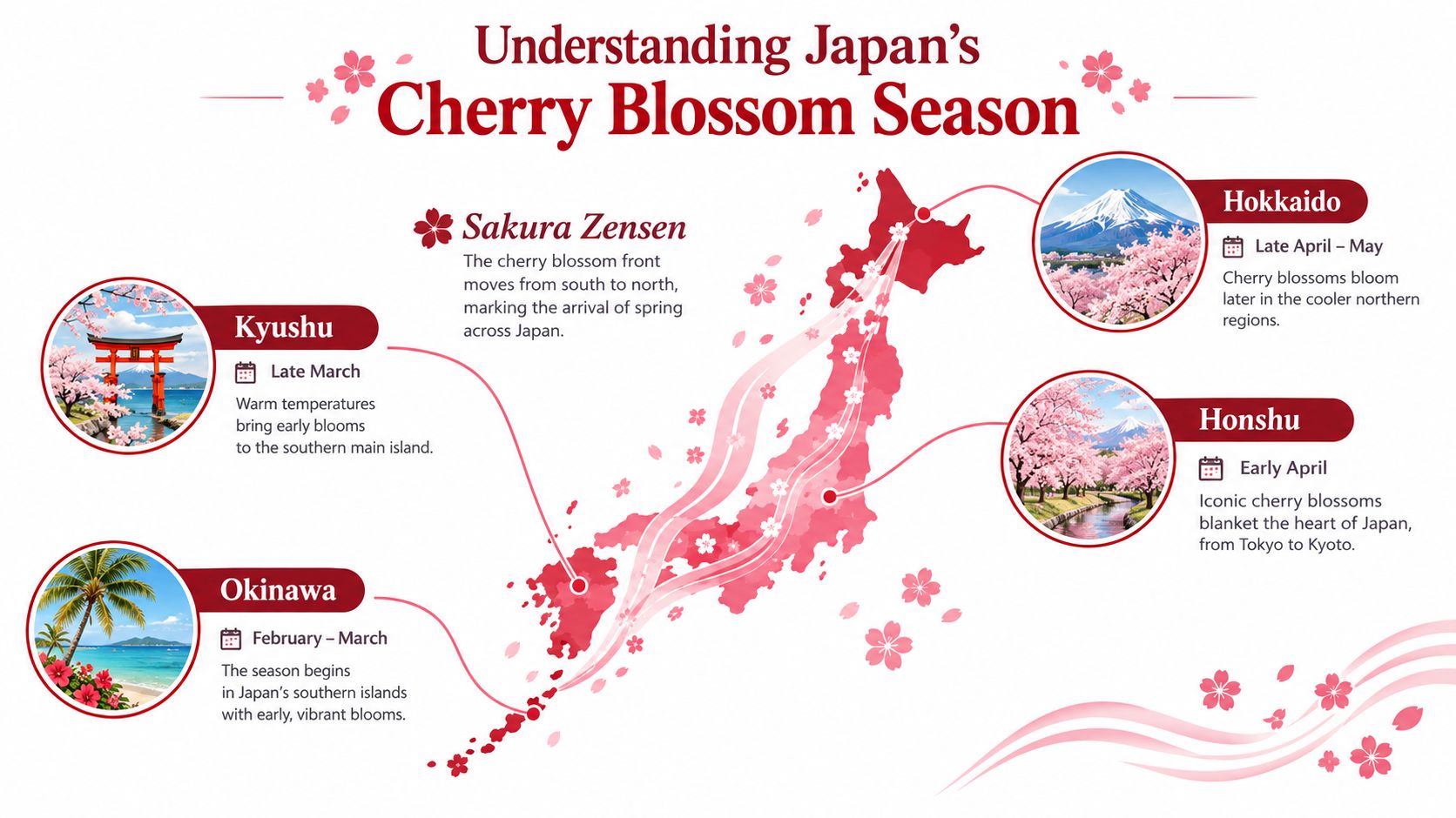 An infographic detailing the timing of Japan's cherry blossom season across different regions from south to north.