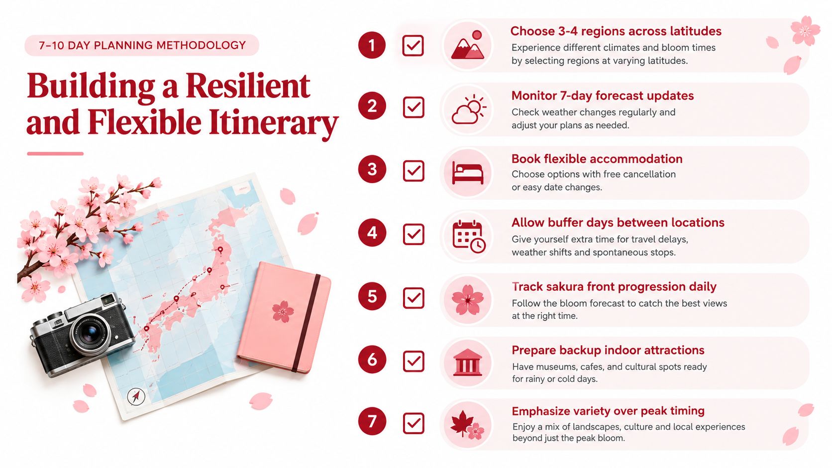 An infographic detailing a seven-step planning methodology for creating a flexible cherry blossom travel itinerary in Japan.