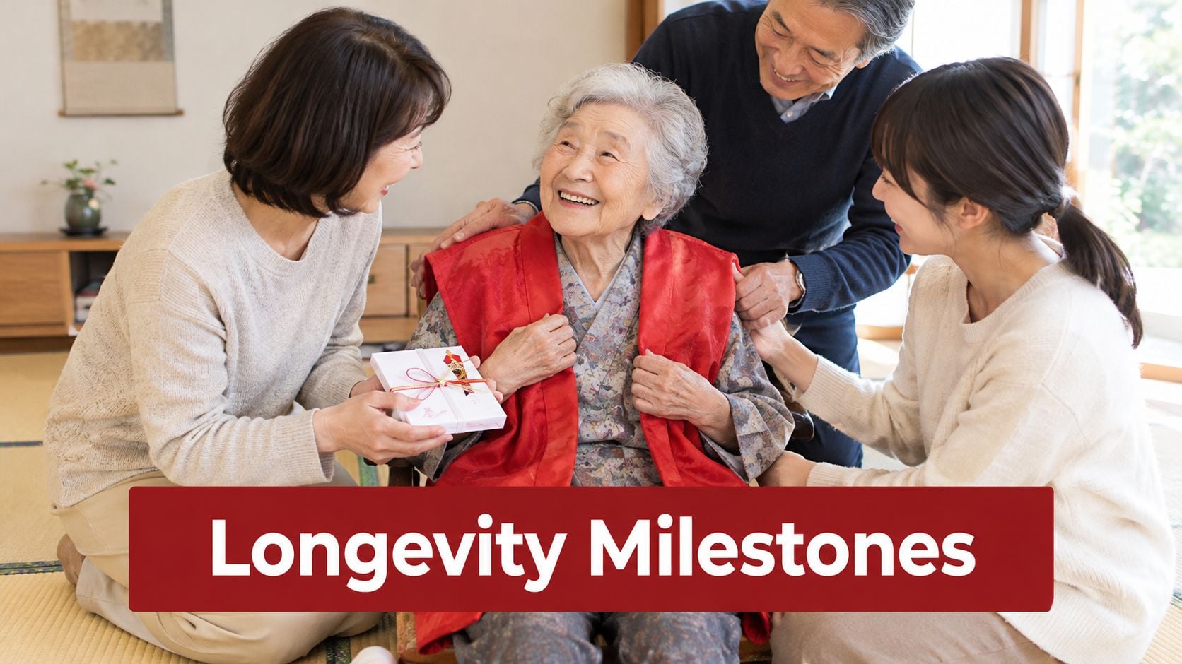 A happy elderly Japanese woman wearing a red vest celebrates a milestone birthday with her family.