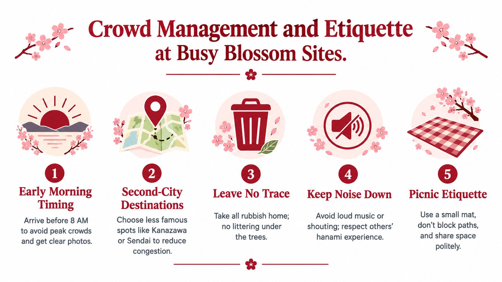 An infographic detailing five tips for crowd management and etiquette when visiting cherry blossom sites.
