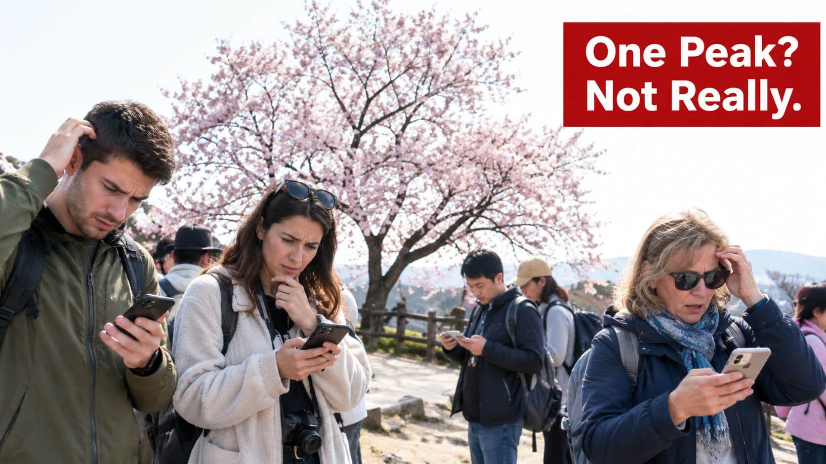 A group of tourists look at their smartphones while standing in front of a cherry blossom tree.