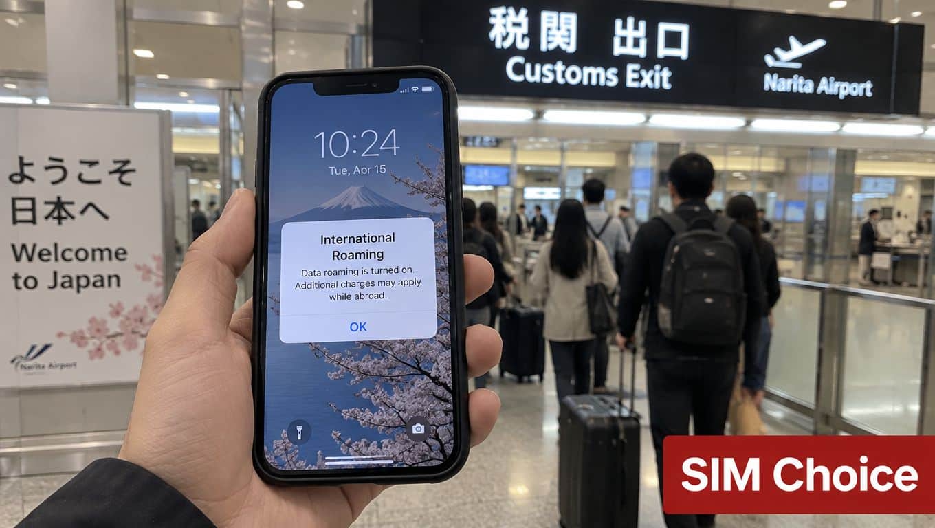 A traveler holds an iPhone displaying an international roaming warning notification inside Narita International Airport in Japan.