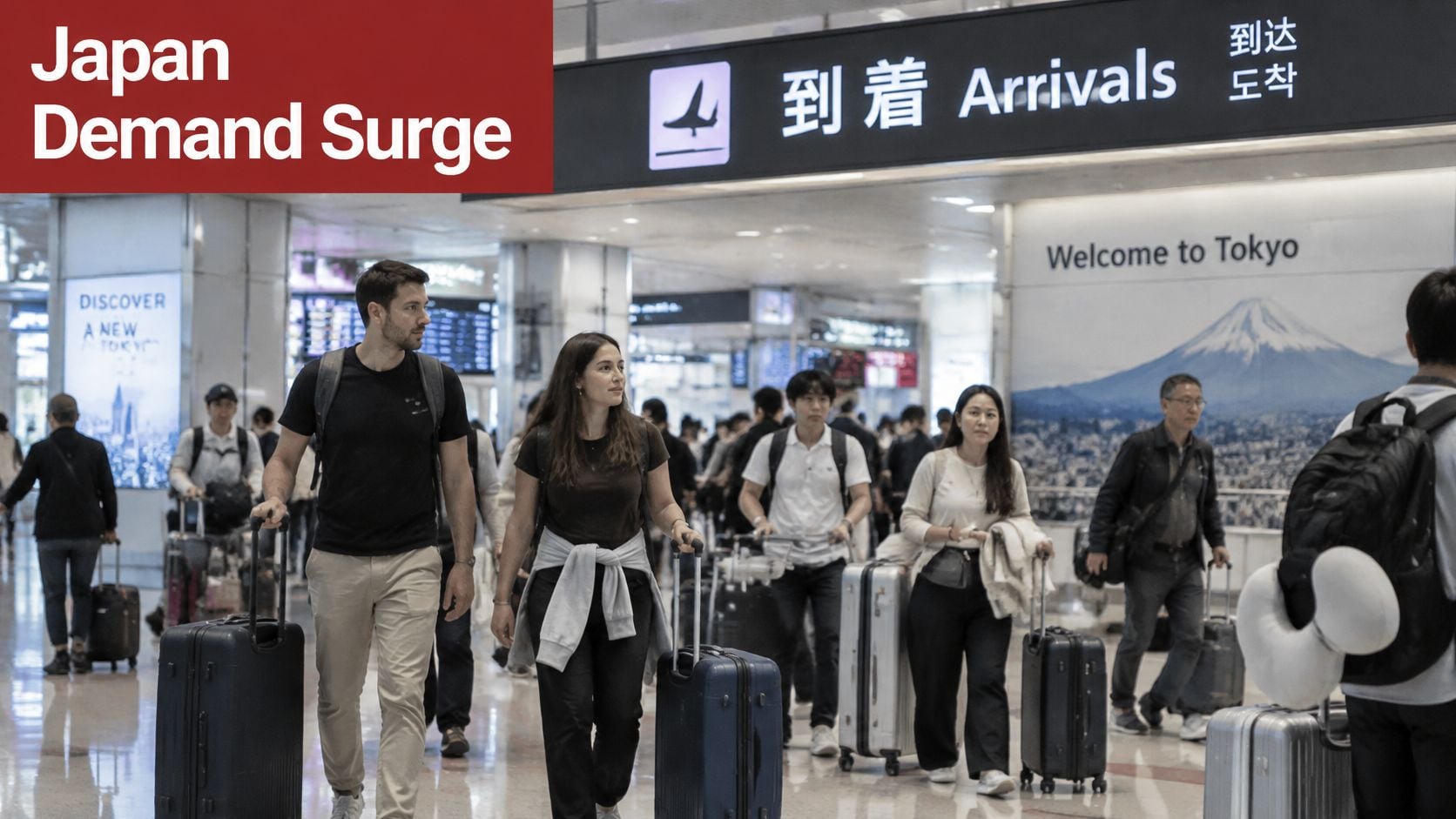 A busy arrivals hall at a Tokyo airport featuring travelers walking with suitcases under signs.