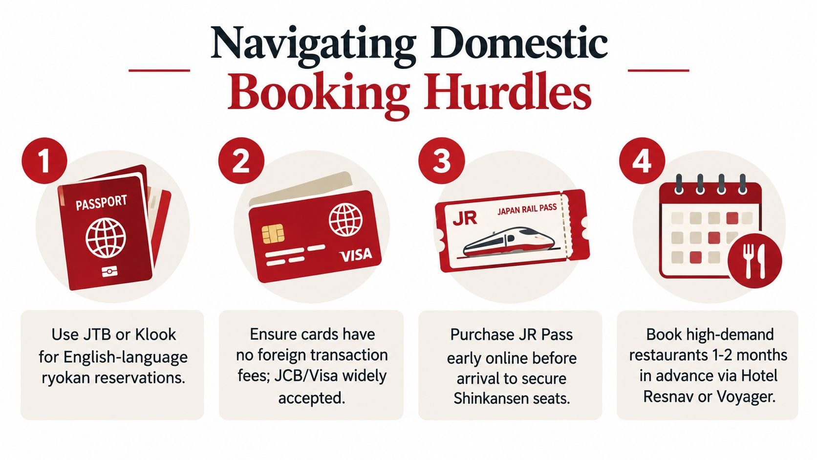 An infographic titled Navigating Domestic Booking Hurdles showing four steps for travelers visiting Japan.