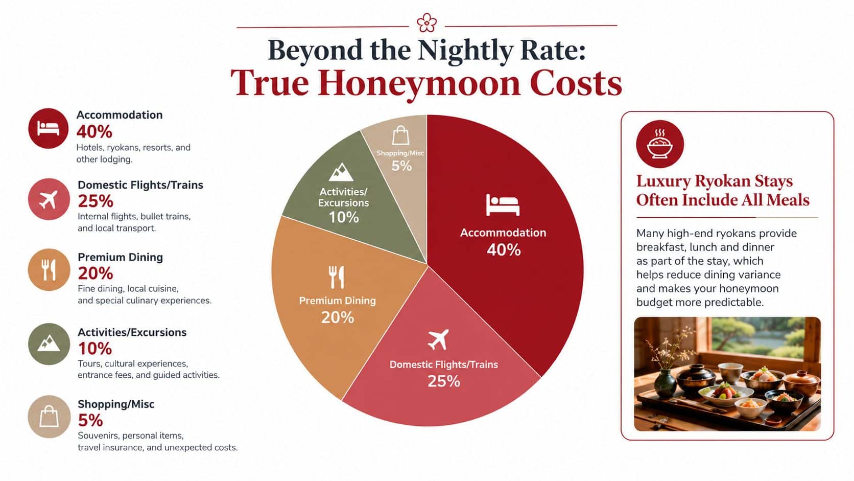 A pie chart displaying a breakdown of typical Japan honeymoon costs including accommodation, travel, dining, and activities.
