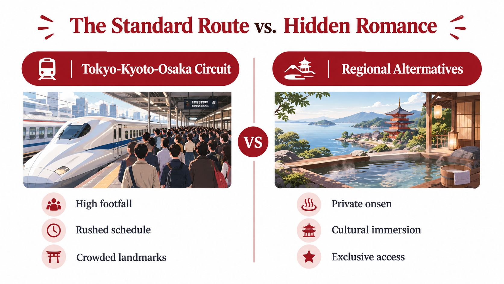 A comparison between the crowded Tokyo-Kyoto-Osaka train route and a tranquil private hot spring experience in Japan.