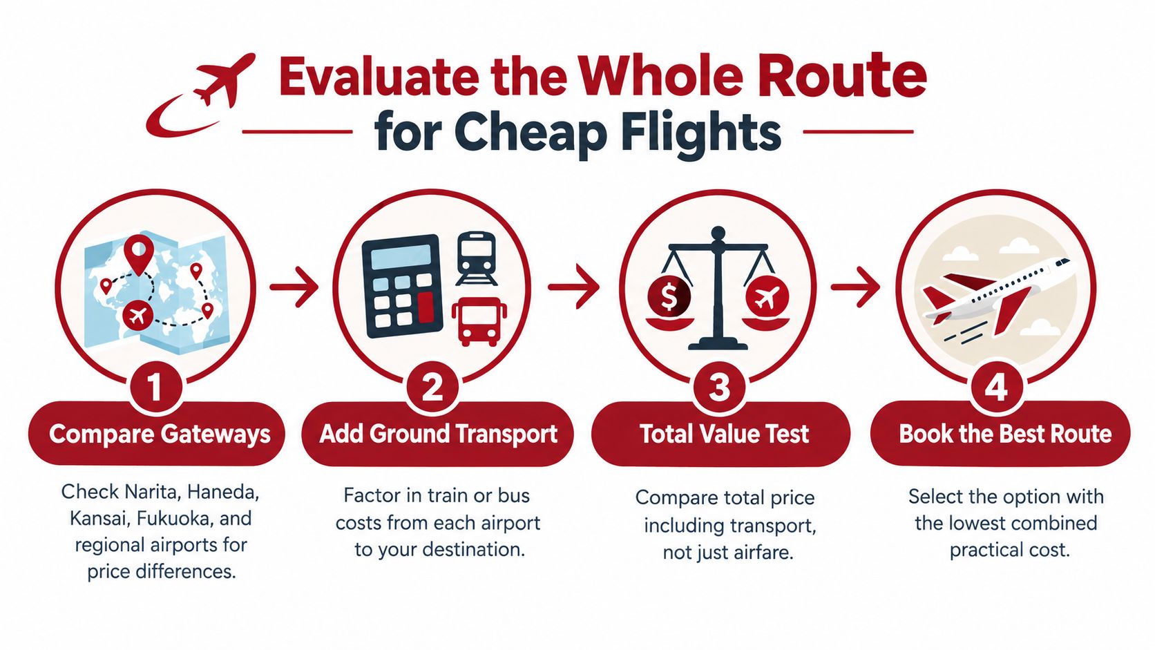 A four-step infographic explaining how to save money by comparing flight, train, and bus route costs.