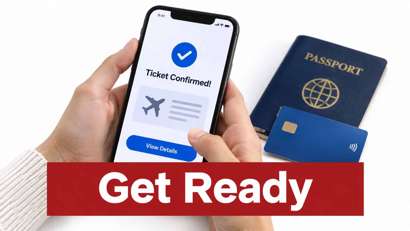 A person holding a smartphone showing a confirmed airline ticket next to a passport and credit card.