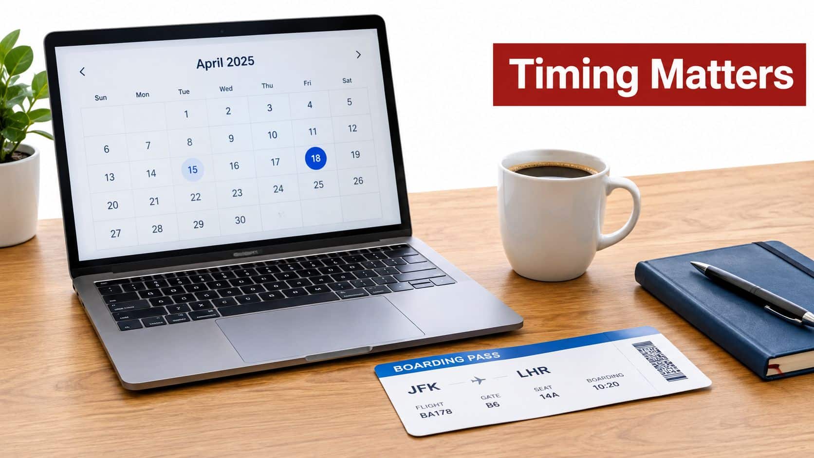 A laptop showing an April 2025 calendar alongside a boarding pass, a notebook, and a coffee mug.