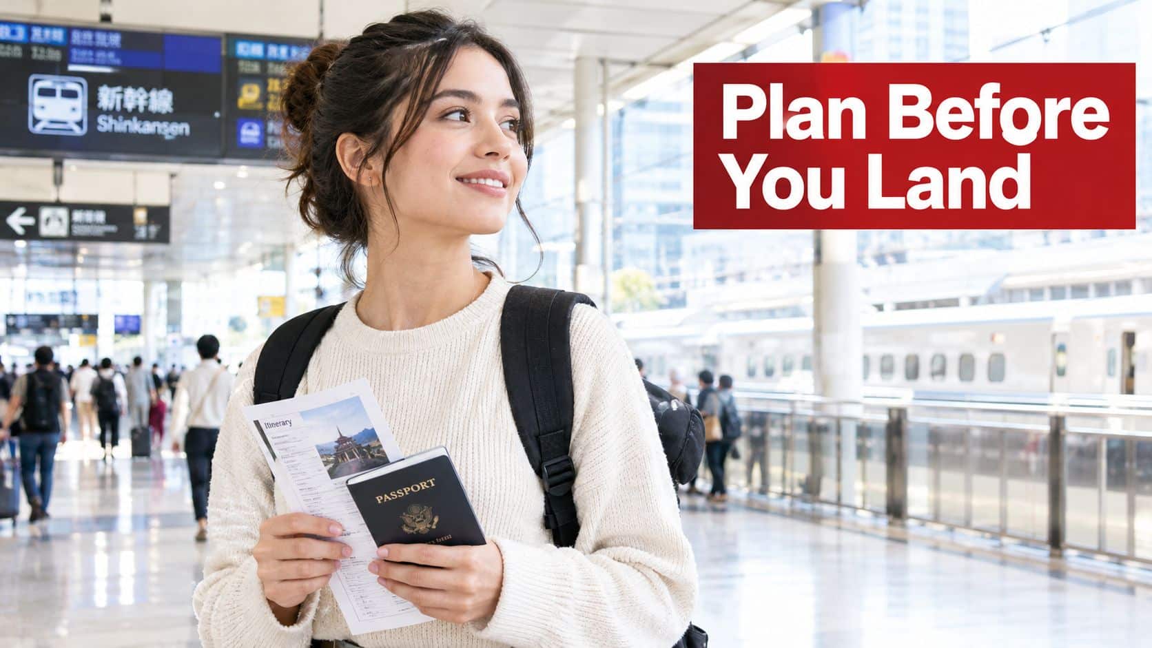 A smiling young female traveler holding an itinerary and a passport at a busy train station.