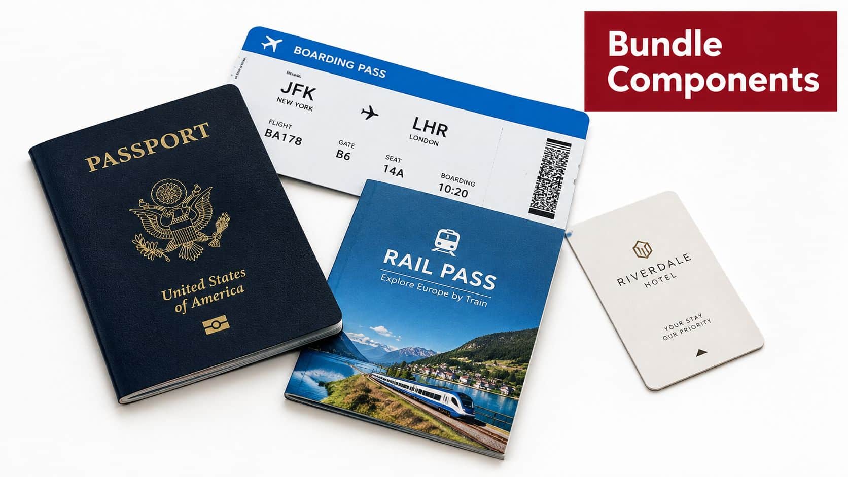A travel bundle featuring a US passport, a boarding pass to London, a rail pass, and a hotel key card.