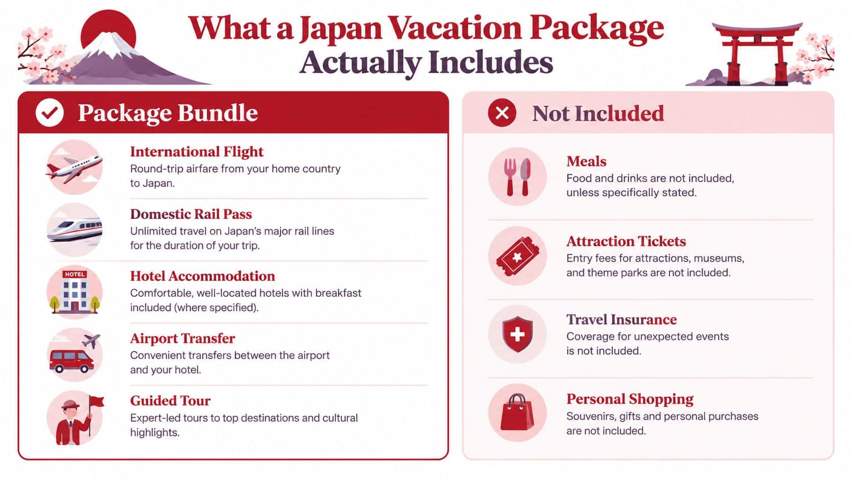 An infographic detailing the typical inclusions and exclusions of a Japan vacation package for travelers.