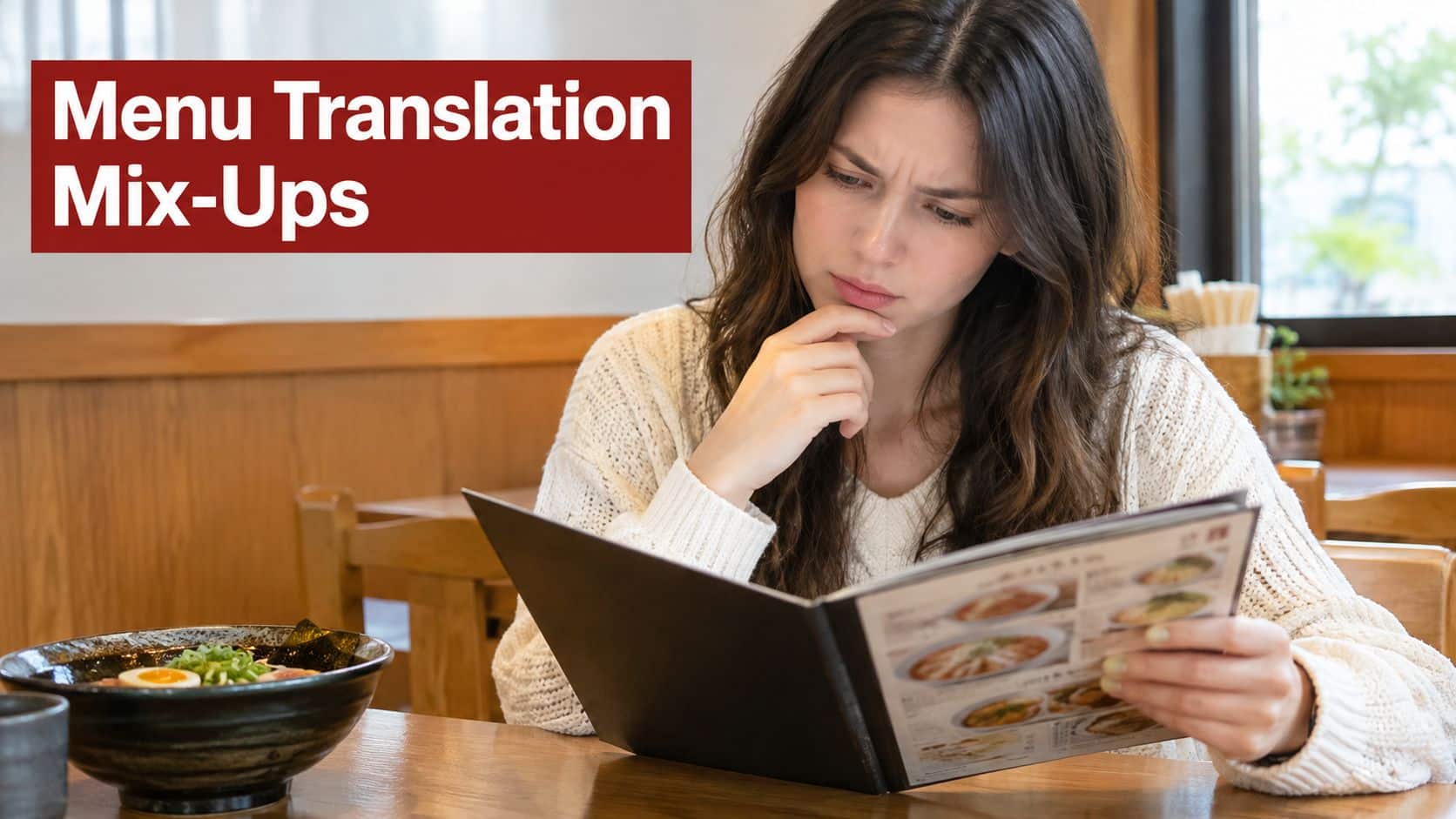 A confused young woman sitting at a table in a restaurant reading a menu with curiosity.