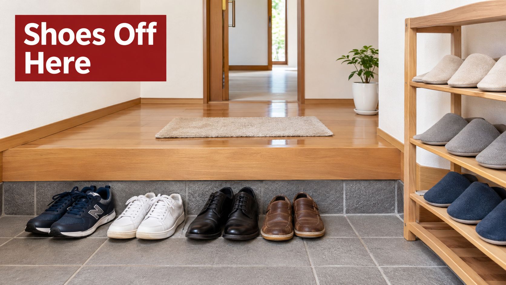 A tiled entryway with a shoe rack and neatly arranged pairs of shoes on the floor.