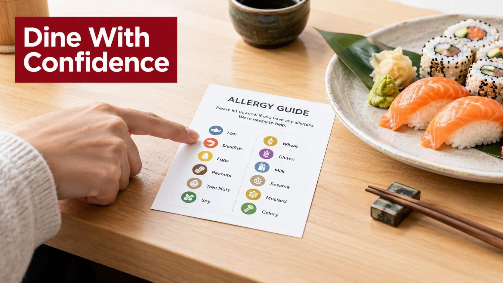 A hand points to an allergy guide card on a wooden restaurant table with sushi dishes nearby.