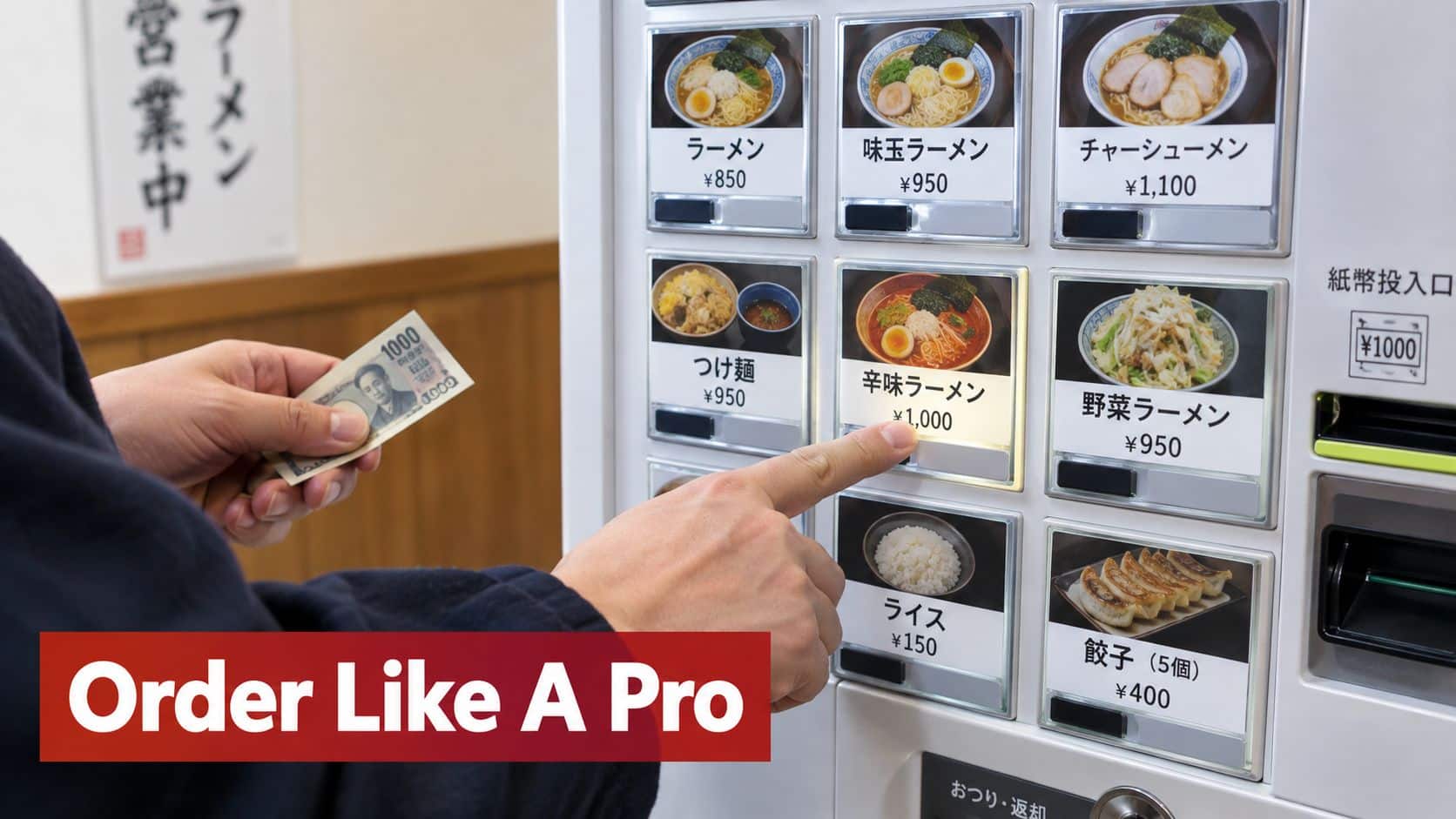 A person using a Japanese ramen restaurant ticket vending machine to order a spicy ramen dish.