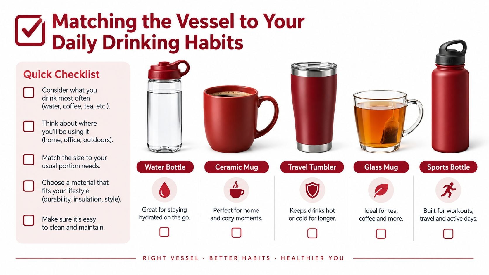 A graphic guide illustrating various drinking vessels like mugs and bottles for healthy daily hydration habits.