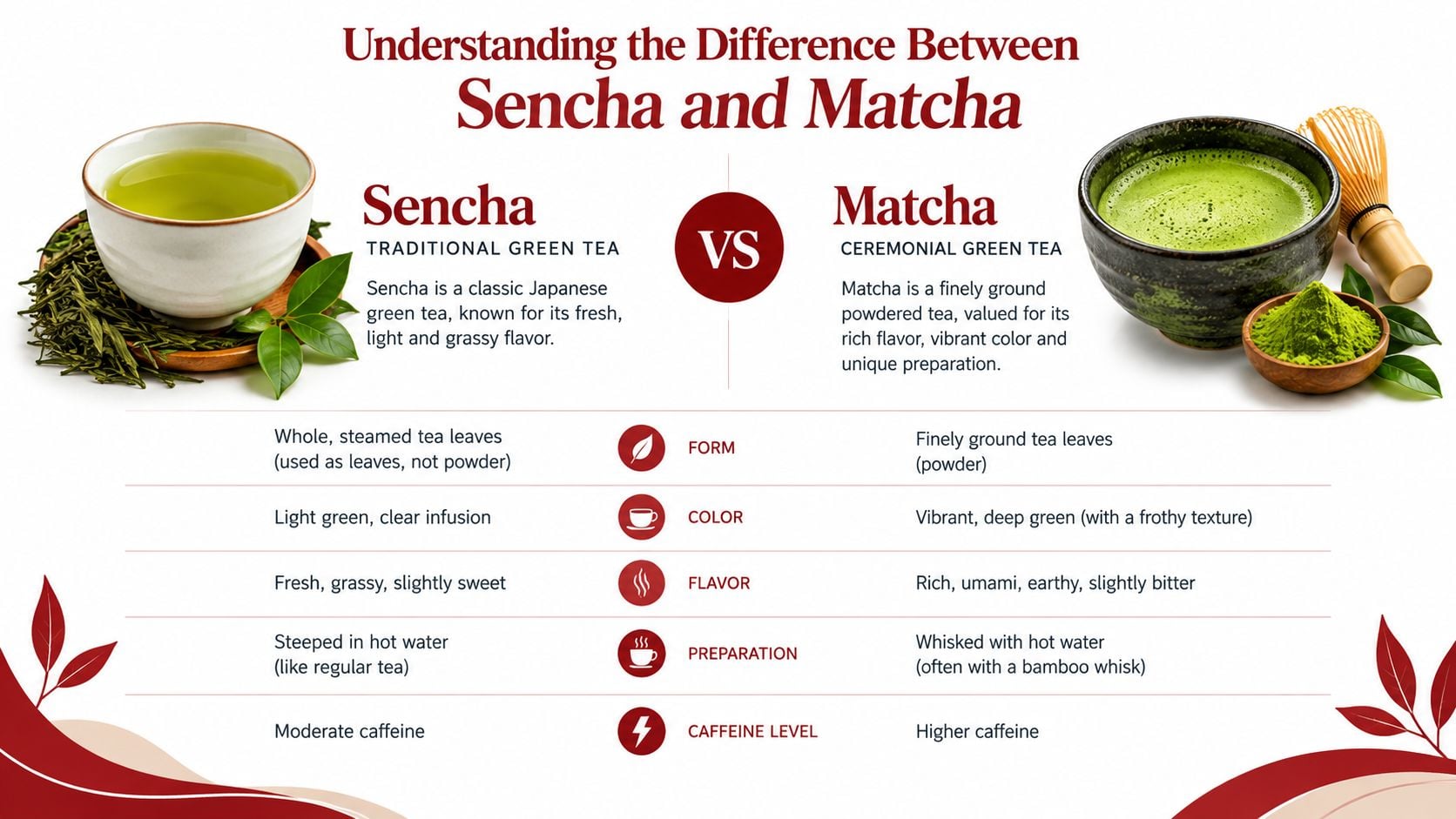 An infographic comparing the characteristics of traditional Japanese Sencha green tea and ceremonial Matcha green tea powder.