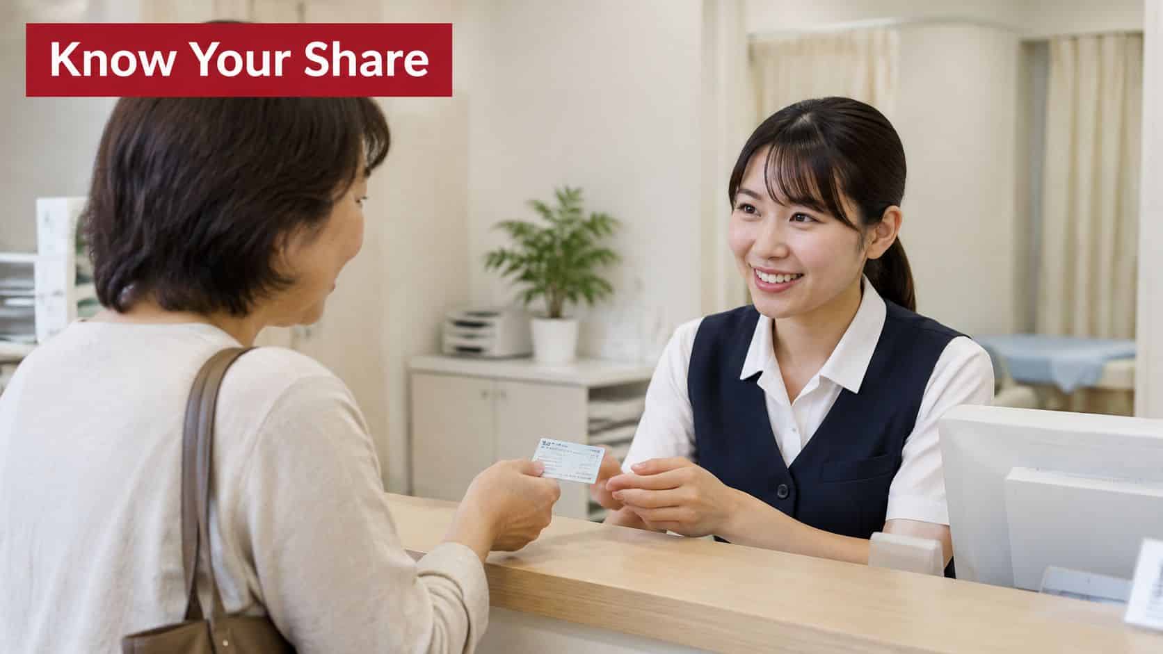 A friendly receptionist at a medical clinic counter receiving a health insurance card from a patient.