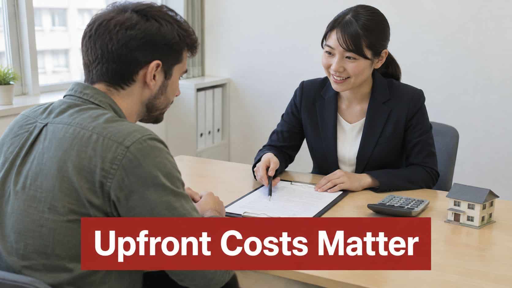 A professional real estate agent discussing upfront housing costs with a foreign client in a Japanese office.
