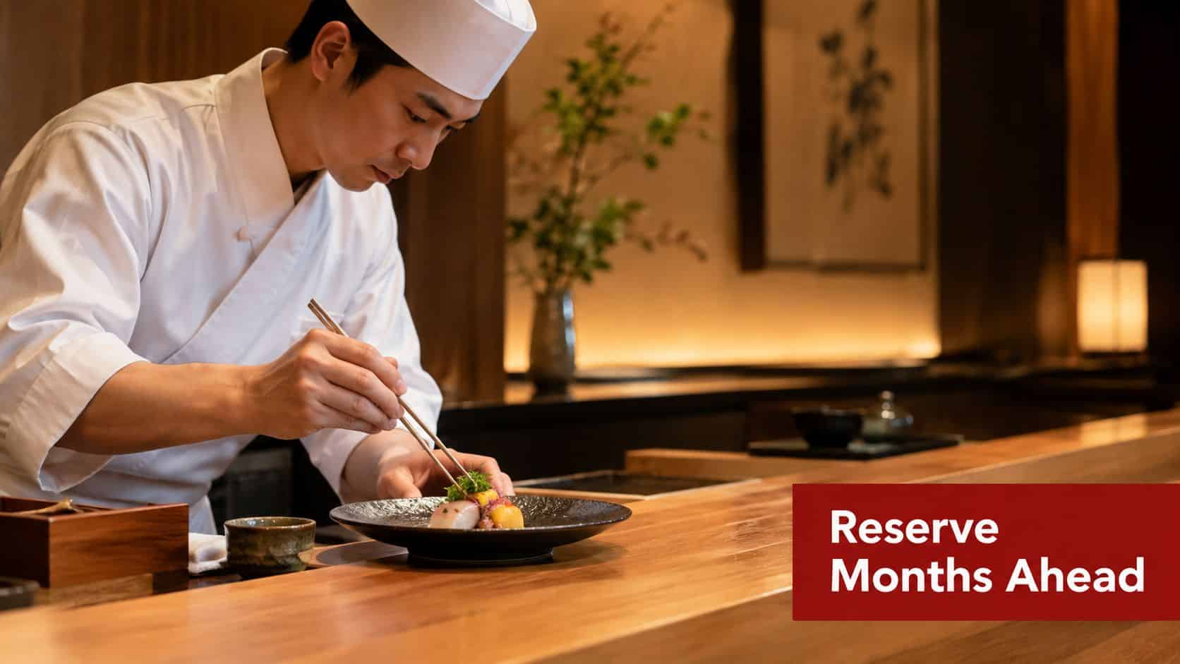 A Japanese chef carefully prepares a gourmet dish on a wooden counter inside a high-end restaurant.