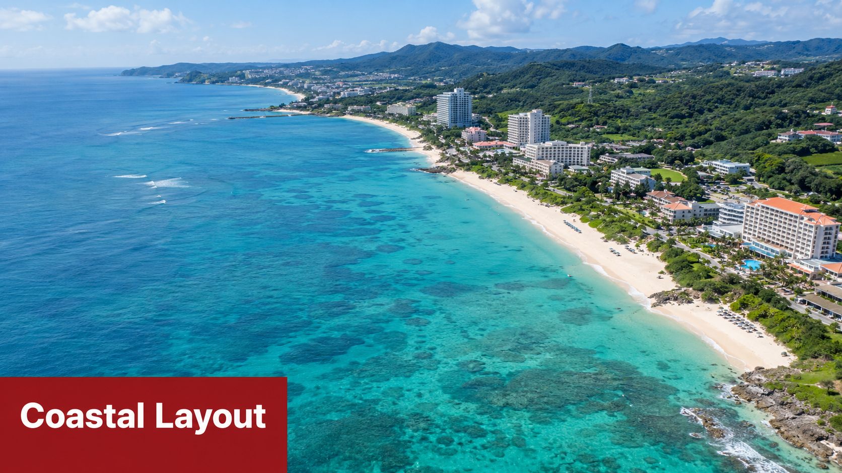 A high-angle aerial view of a turquoise tropical beach in Onna Village, Okinawa, Japan with resort hotels.