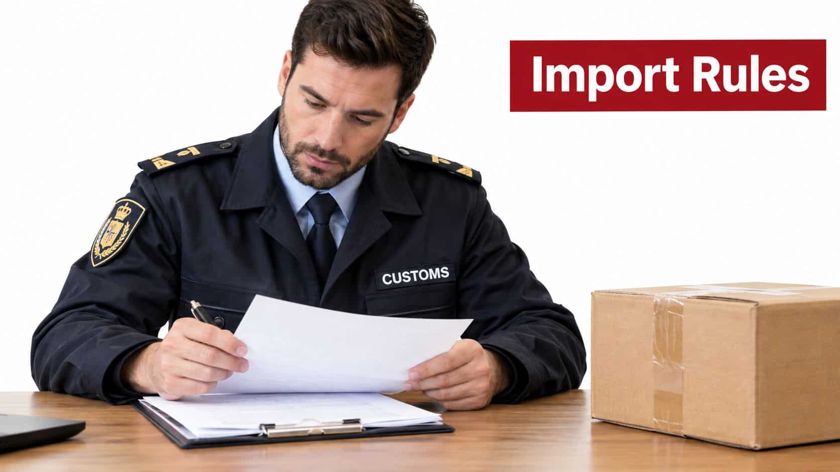 A customs officer inspecting official shipping documents at a desk next to a cardboard parcel.
