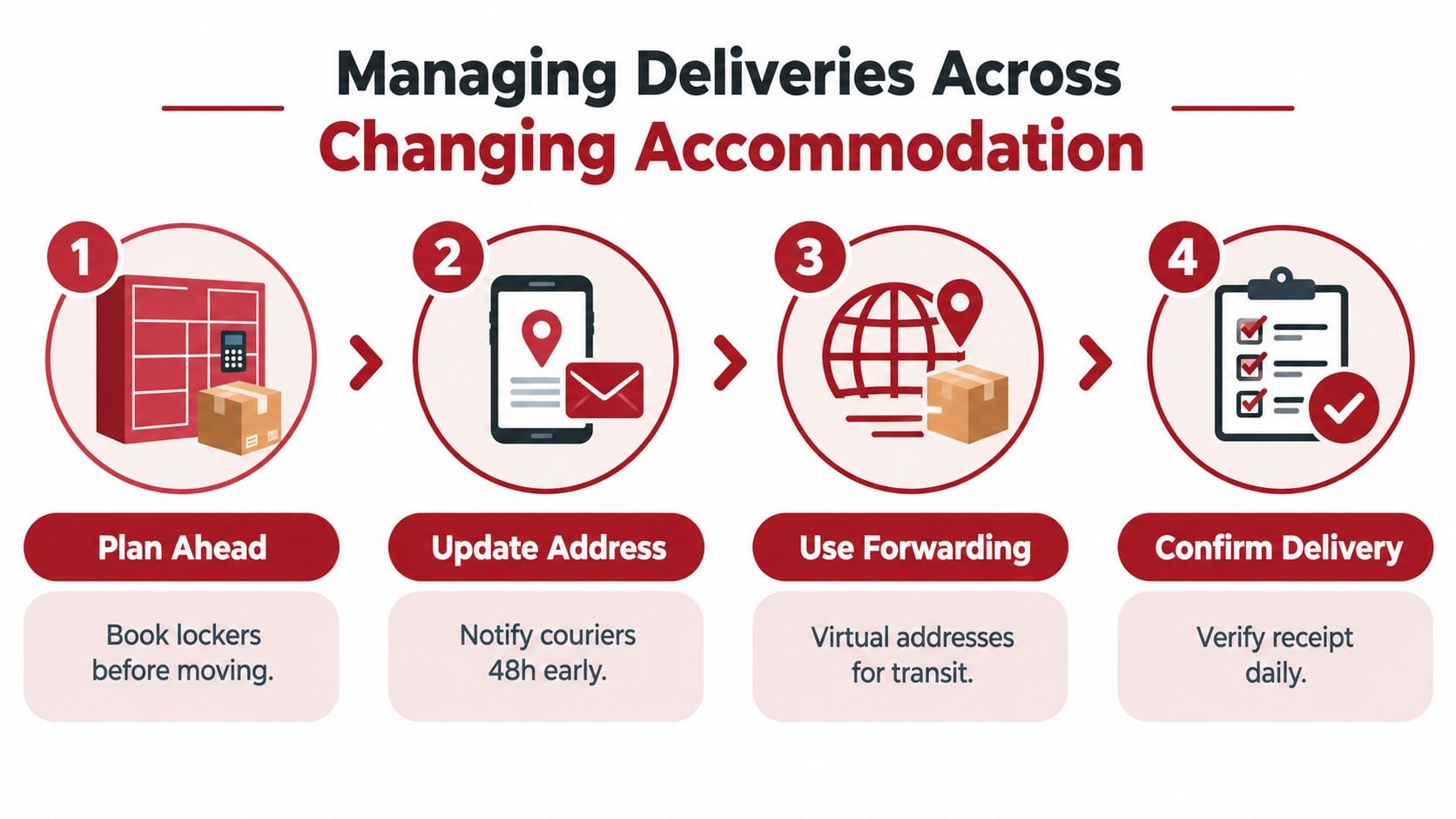 A four-step infographic illustrating how to manage parcel deliveries when moving to different accommodation locations.