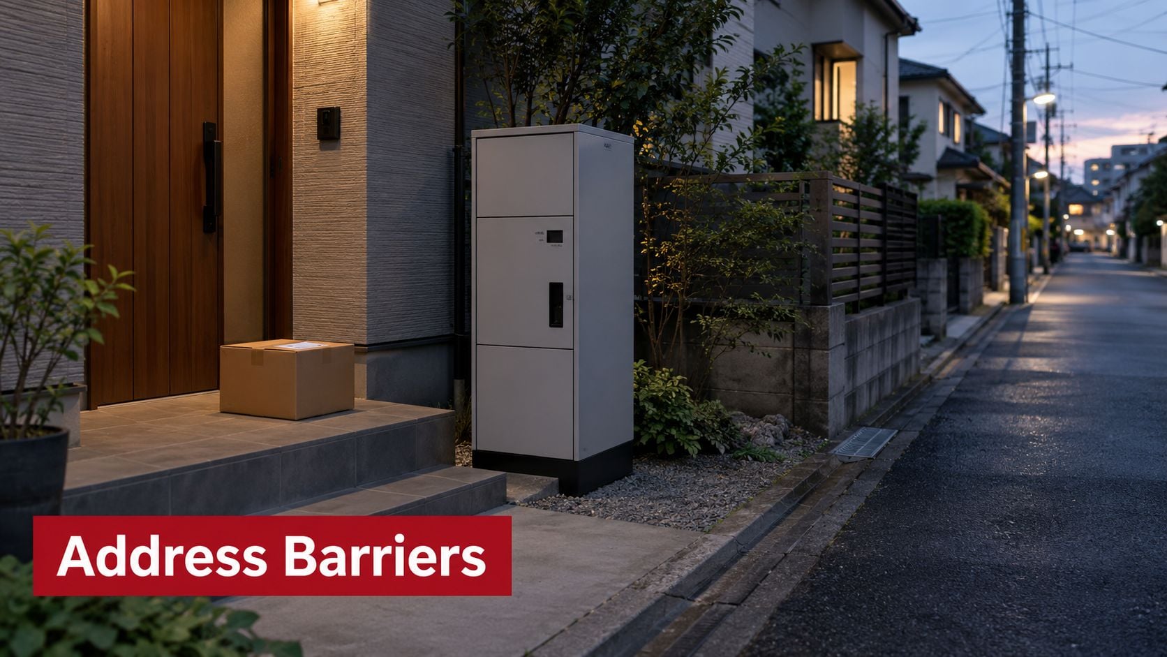 A secure parcel delivery locker installed outside a residential home next to a cardboard package on steps.