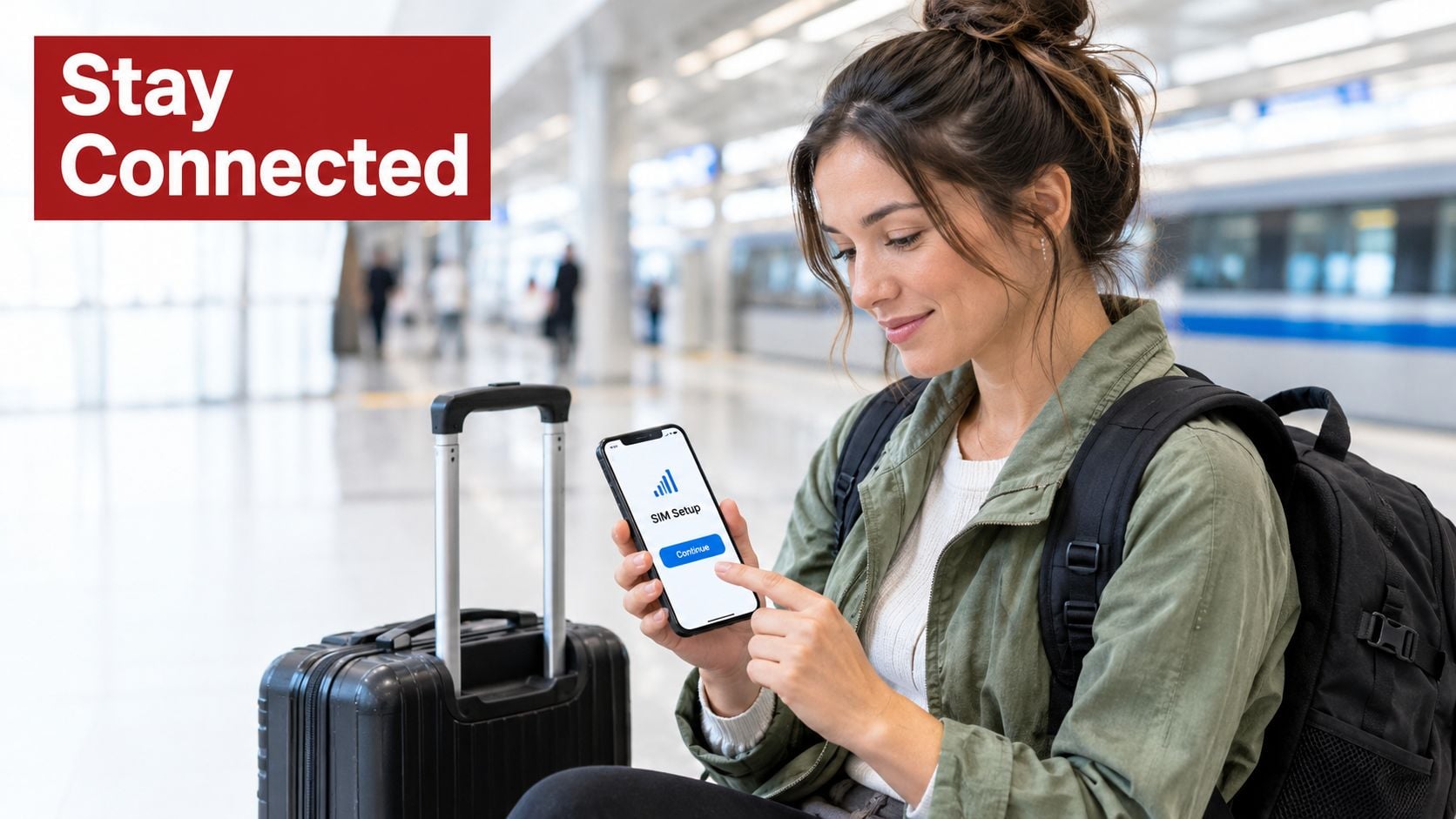 A female traveler at a station setting up a mobile SIM card on her smartphone to stay connected.