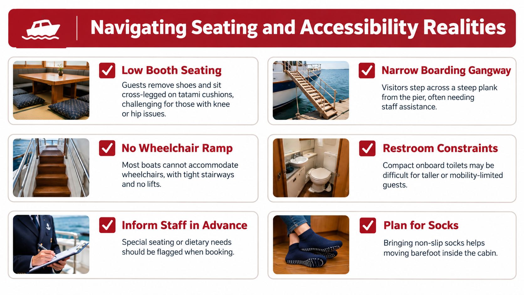 A list of accessibility challenges and travel tips for passengers on a traditional Japanese dinner cruise boat.