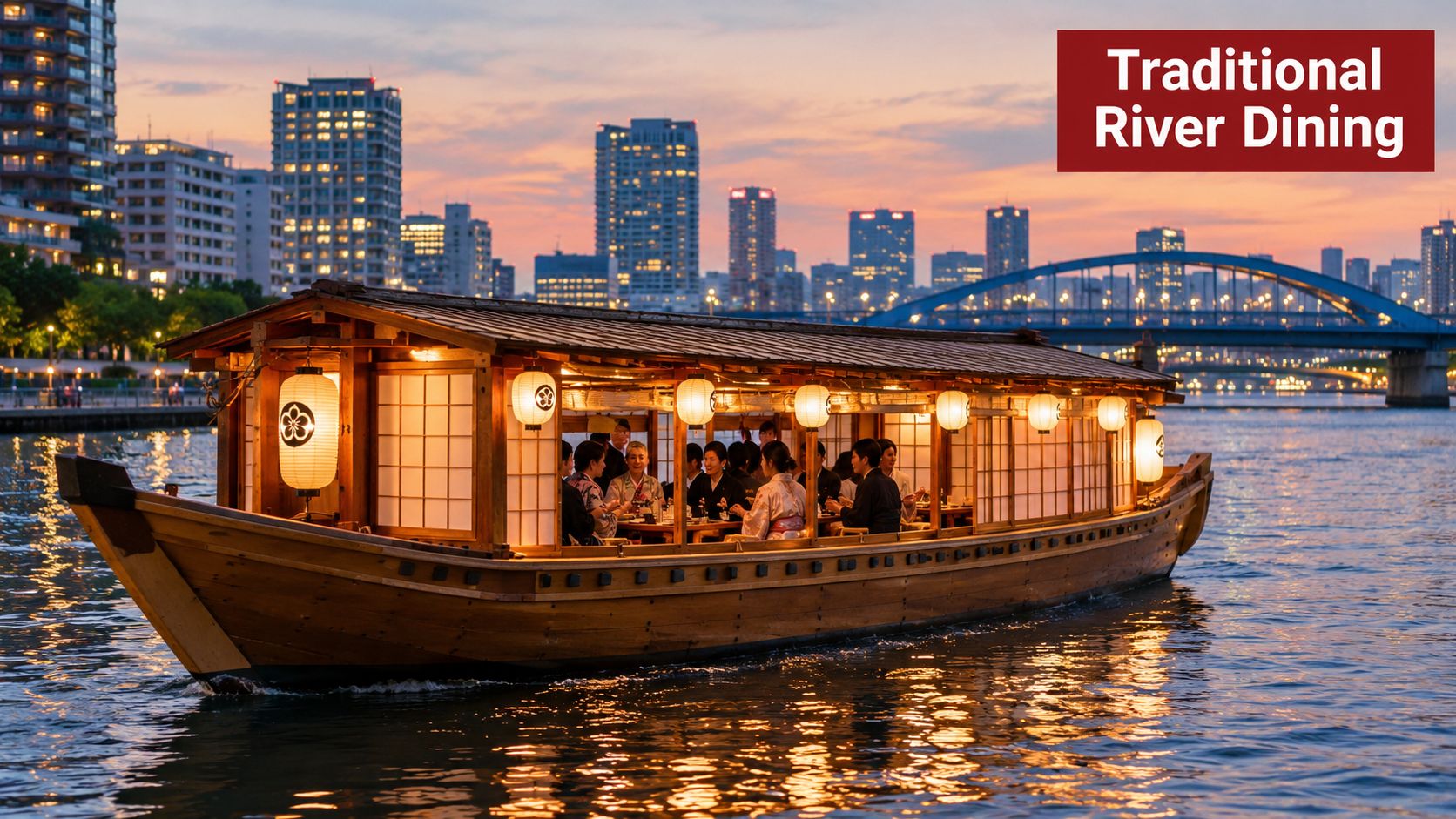 A traditional Japanese Yakatabune boat filled with guests enjoying dinner during a scenic sunset river cruise.
